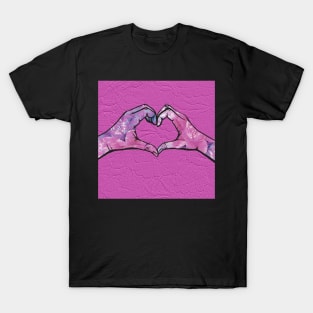 Heart Hands on Pink Lace Background T-Shirt